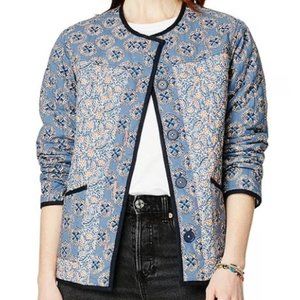 Roller Rabbit Primrose Holly Quilted Blue Printed Collarless Button Front Jacket